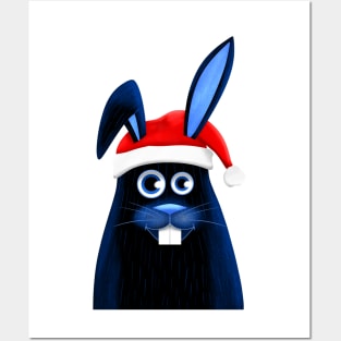 Crazy black rabbit in Santa Claus hat Posters and Art